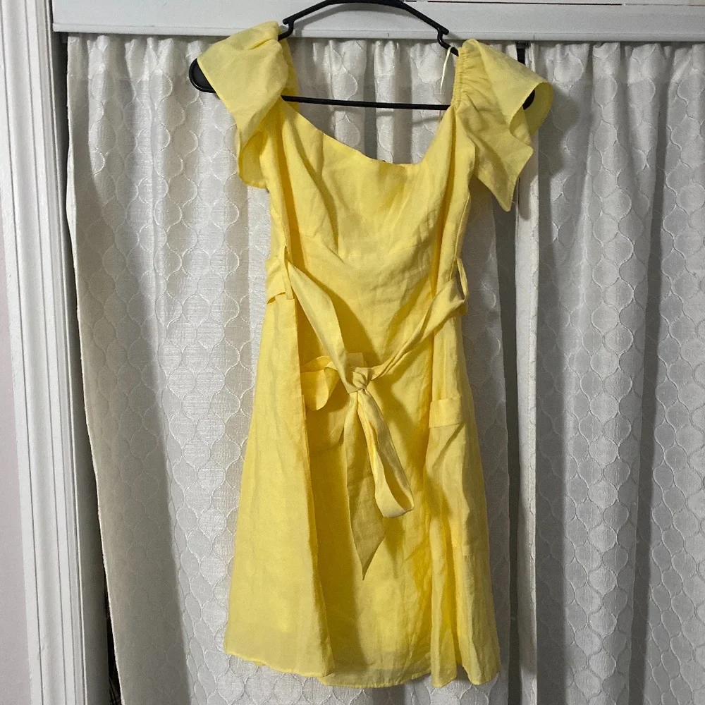 Zara Off The Shoulder Mini Dress Yellow A Line with Tie Waist and Pockets - Picture 2 of 6